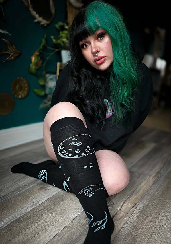 Astrology-themed Black Over-the-knee Cotton Socks