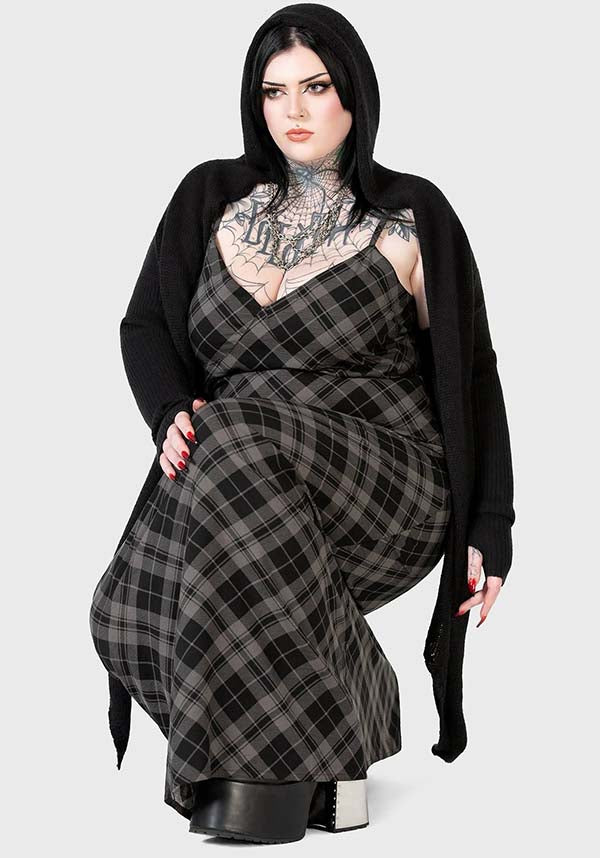 Alwina Grey Tartan Print Maxi Slip Dress for Women