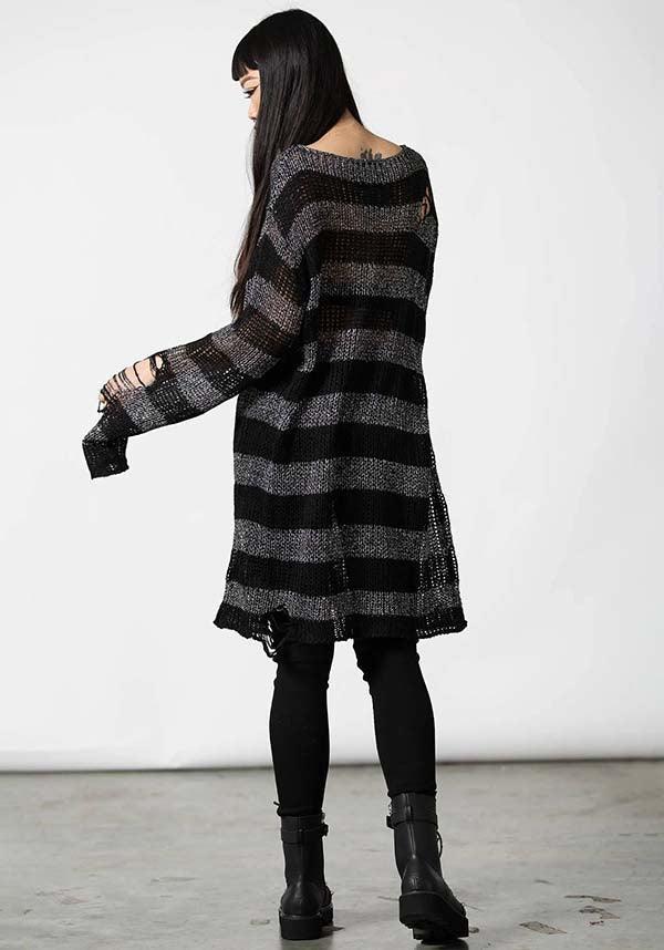 Abyss Glitter Knit Stripe Long Line Distressed Detailing Relaxed Fit Unisex Knit Sweater