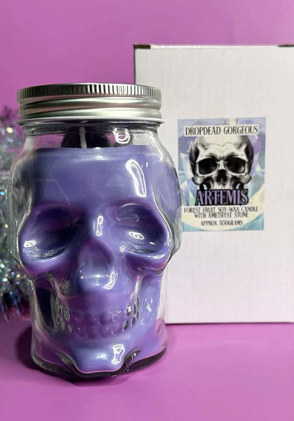 Artemis Forest Fruit Scented Skull Jar Soy Wax Candle with Amethyst