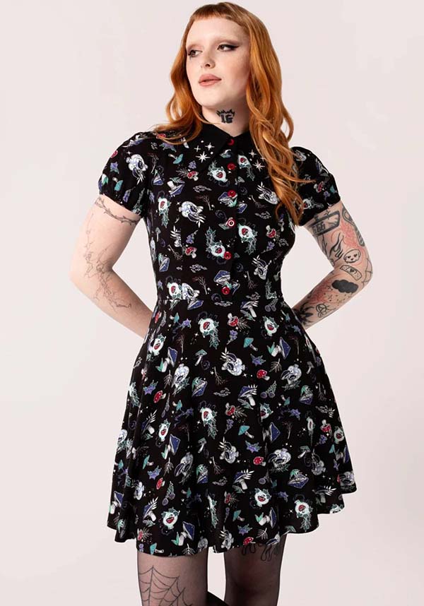 Hell Bunny Amanita Gothic-Style Printed Viscose Mini Dress for Women