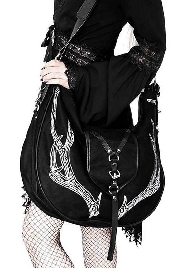 Black Deer Antler Embroidered Vegan Leather Hobo Style Handbag