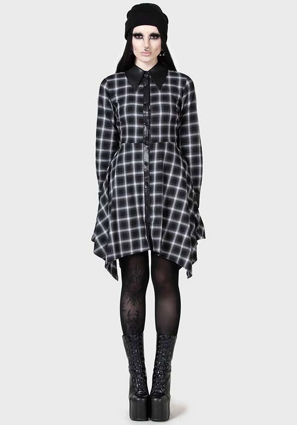 Artem Soft Cotton PU - Collar Black & Grey Tartan Mini Shirt Dress