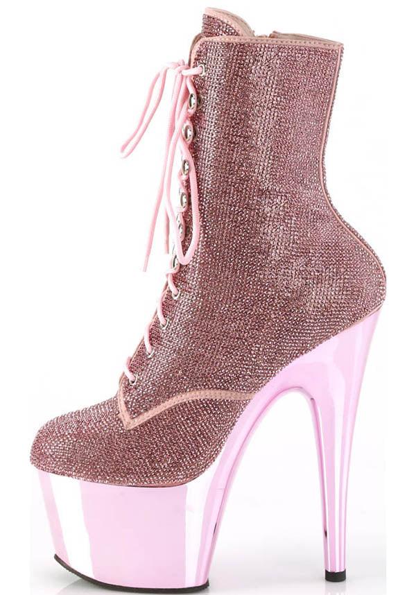 Adore 1020CHRS Platform Heel Lace - Up Front Ankle Boots in Baby Pink Rhinestone Style [Pre - Order]