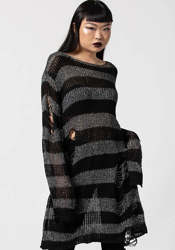Abyss Glitter Knit Stripe Long Line Distressed Detailing Relaxed Fit Unisex Knit Sweater