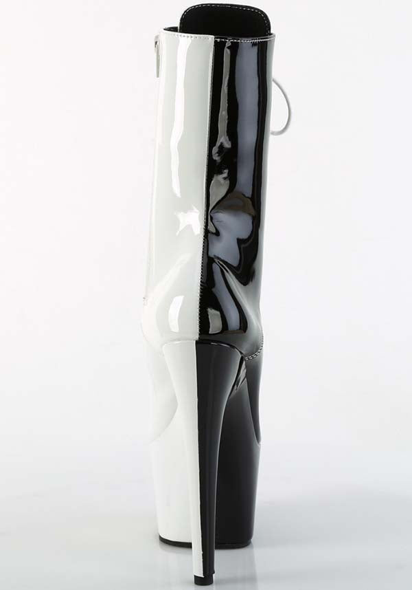 ADORE-1040TT Platform Boots in Black and White Patent Finish [Pre-Order]
