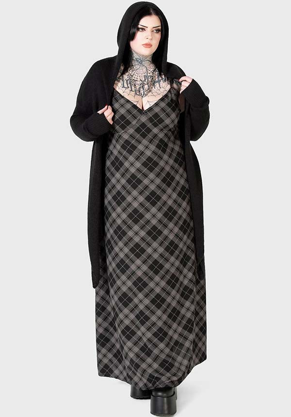 Alwina Grey Tartan Print Maxi Slip Dress for Women