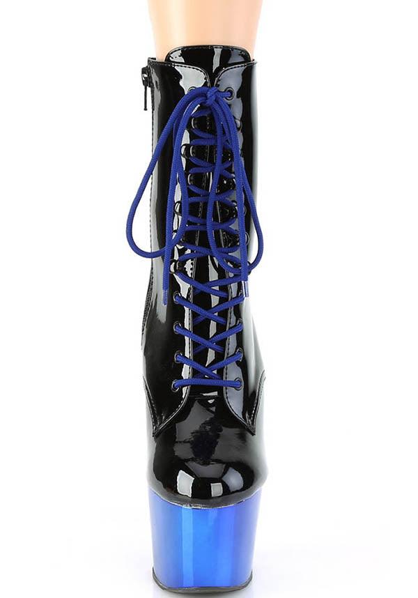ADORE-1020 Platform Heel Pre - order: Black Patent Leather and Royal Blue Chrome Lace - Up Front Ankle Boots