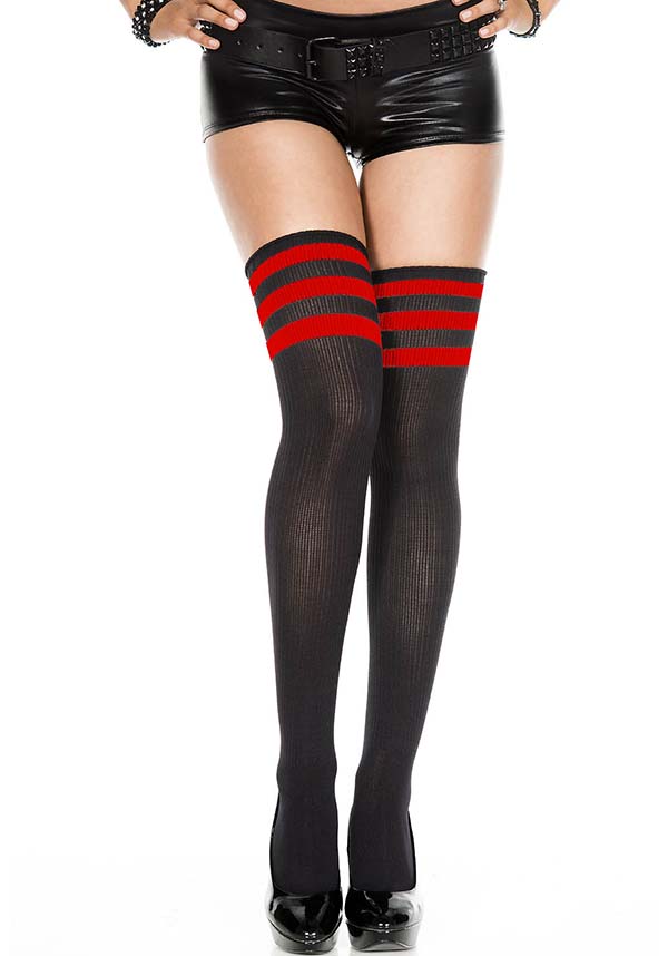 Athletic Style Black and Red Striped Thigh High Socks