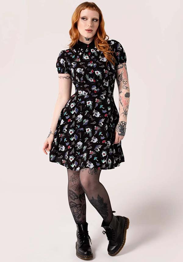 Hell Bunny Amanita Gothic-Style Printed Viscose Mini Dress for Women