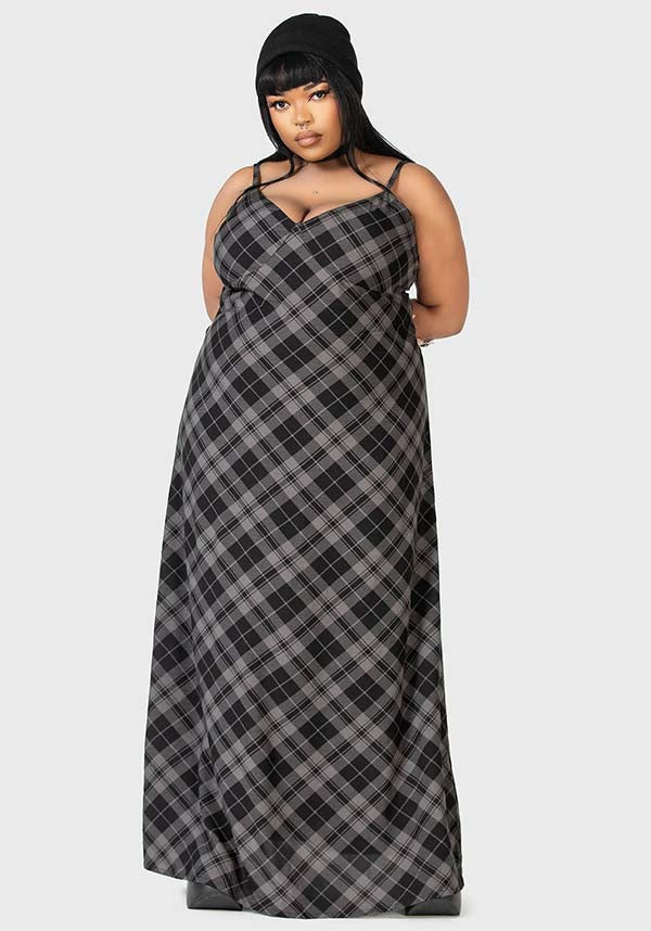 Alwina Grey Tartan Print Maxi Slip Dress for Women