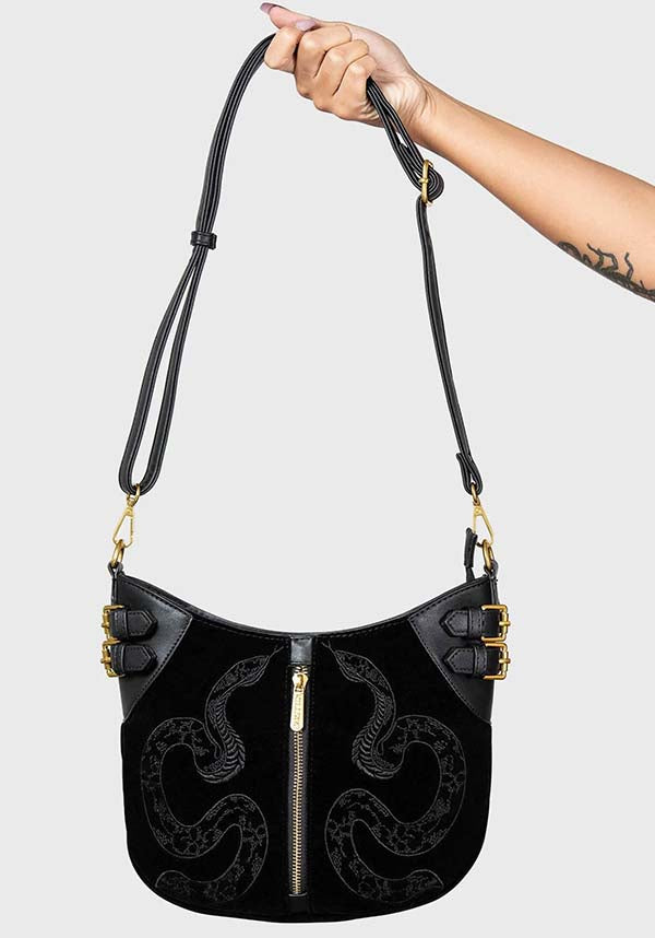 Stylish Adjustable Adder Faux Leather and Suede Bag with Gold Hardware