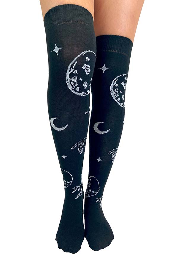 Astrology-themed Black Over-the-knee Cotton Socks