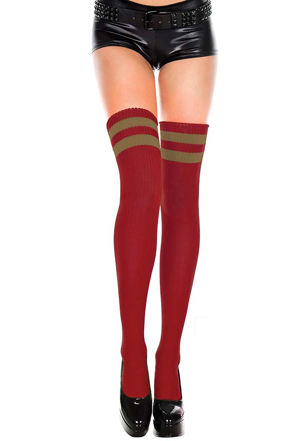 Red and Gold Athlete Striped Thigh-High Stockings for a Bold Look