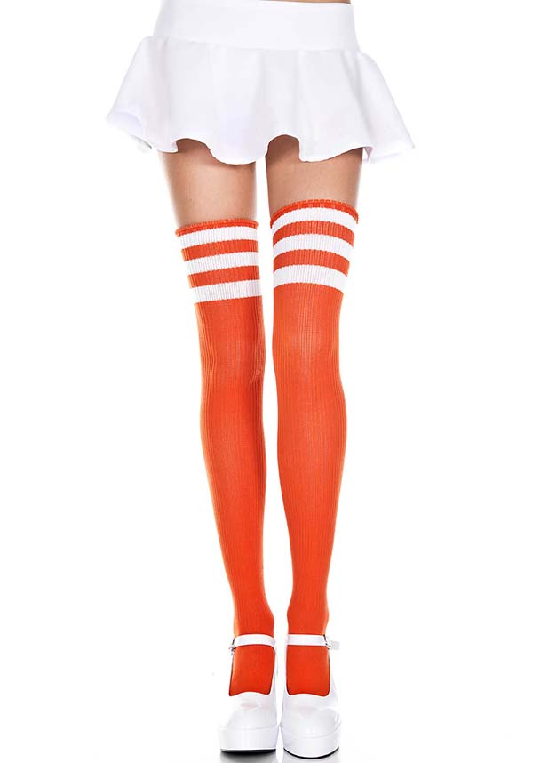 Sporty Orange/White Multi - Stripe Thigh - High Socks for Athletes
