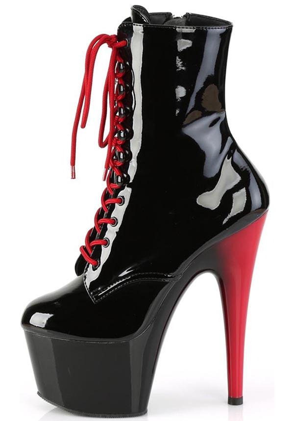 PREORDER: ADORE-1020 Platform Boots in Black Patent with Black-Red Design