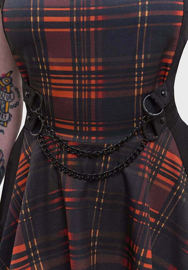 Amberic Women's Orange Tartan Print Mini Dress with Chain Details
