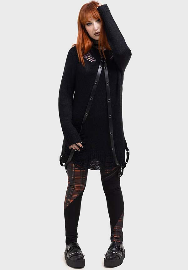 Amberic Orange Tartan Stretch Pants with Detachable Straps and Skull Zip Pullers