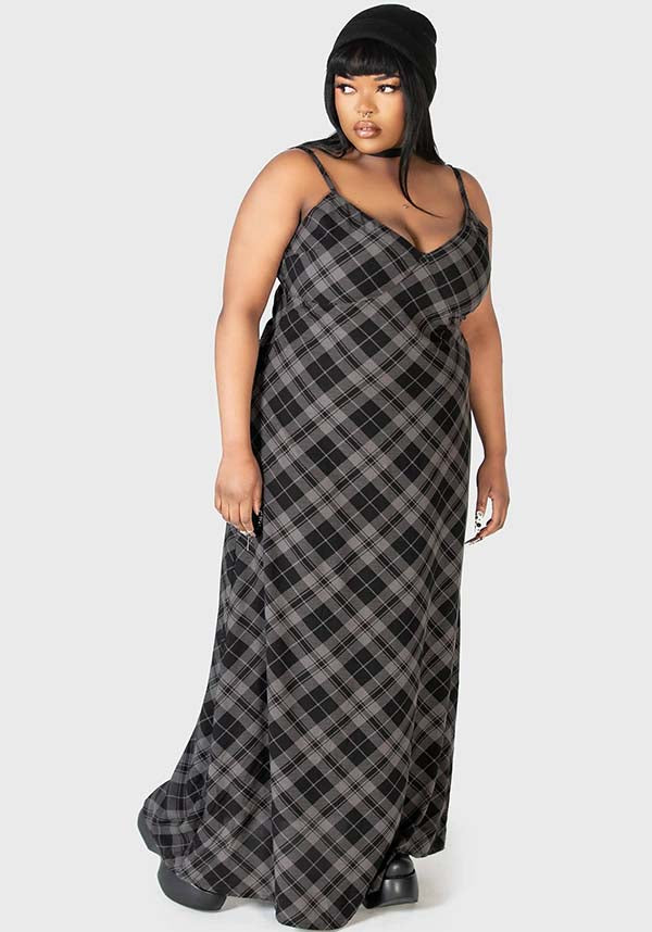 Alwina Grey Tartan Print Maxi Slip Dress for Women
