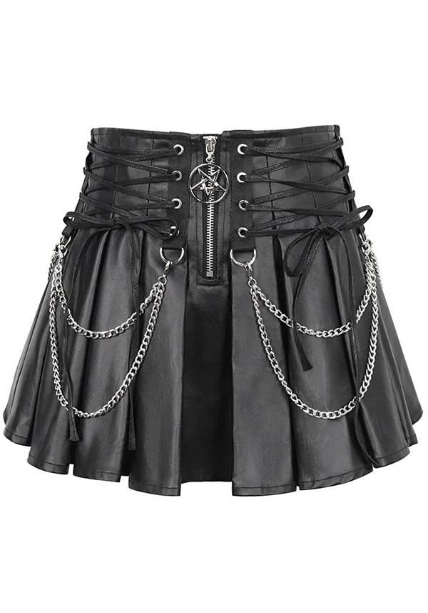 Gothic Style Faux Leather Chain-Embellished Pleated Skirt