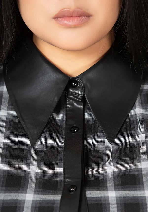 Artem Soft Cotton PU - Collar Black & Grey Tartan Mini Shirt Dress
