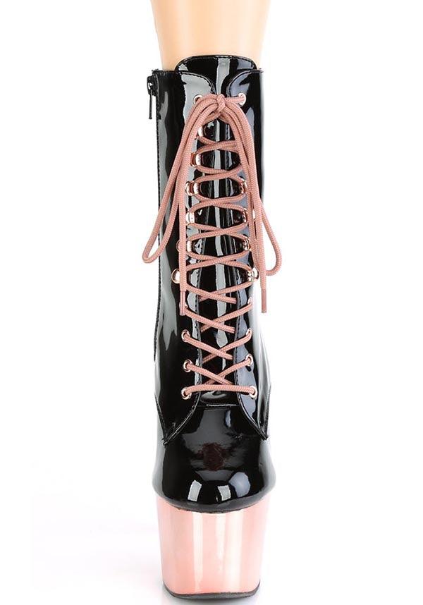 ADORE-1020 Platform Boots in Black Patent/Rose Gold Chrome - Preorder