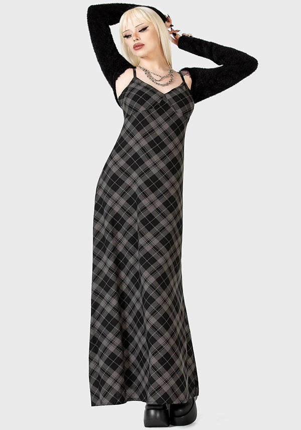 Alwina Grey Tartan Print Maxi Slip Dress for Women