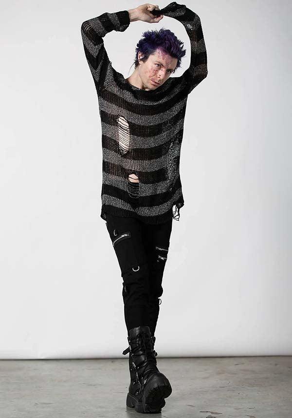 Abyss Glitter Knit Stripe Long Line Distressed Detailing Relaxed Fit Unisex Knit Sweater