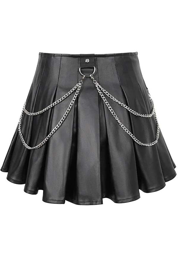 Gothic Style Faux Leather Chain-Embellished Pleated Skirt
