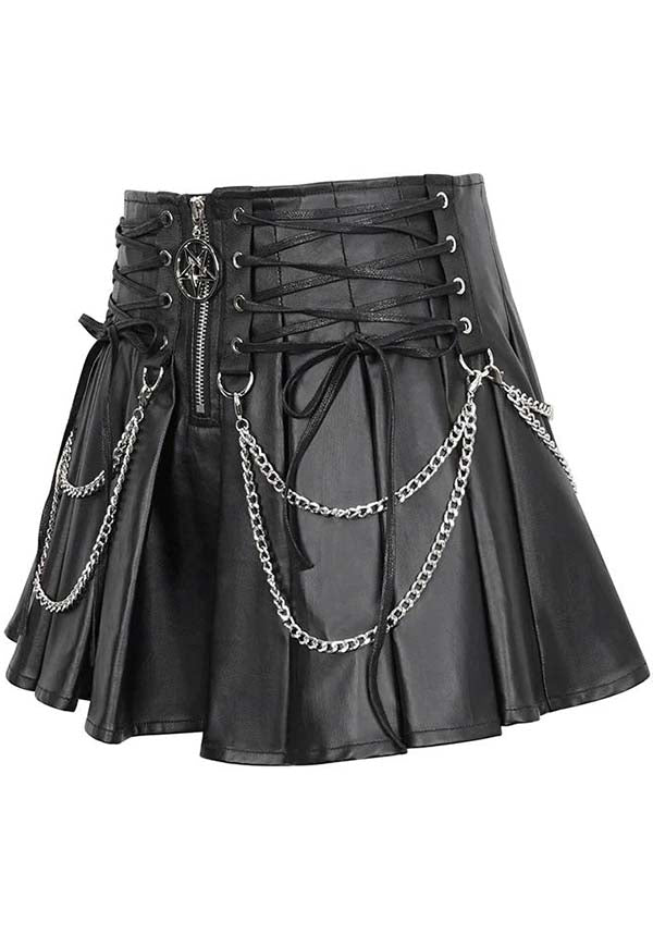Gothic Style Faux Leather Chain-Embellished Pleated Skirt