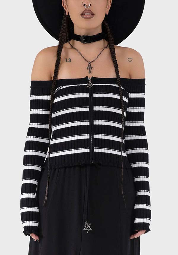 Ashryn Women's Off-Shoulder Striped Ribbed Knit Top with Pentagram Hardware