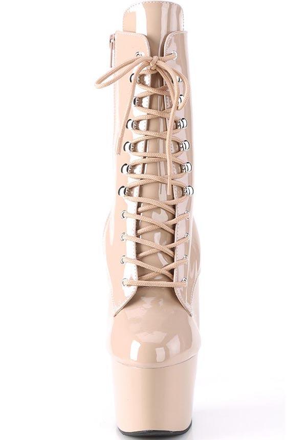 ADORE-1020 Nude Patent Platform Lace-Up Ankle Boots - Preorder