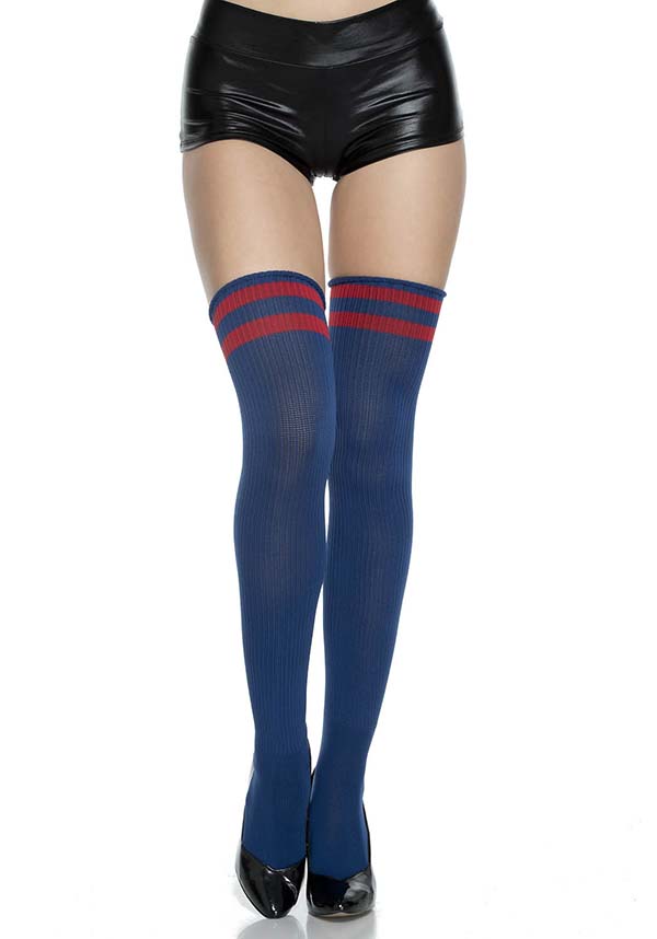 Navy and Red Striped Athlete Thigh High Stockings by Music Legs
