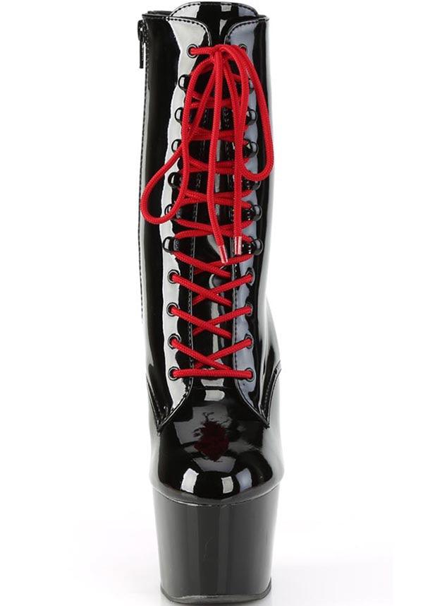 PREORDER: ADORE-1020 Platform Boots in Black Patent with Black-Red Design