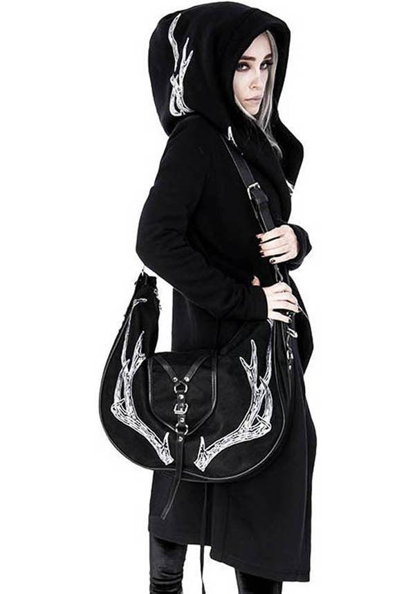 Black Deer Antler Embroidered Vegan Leather Hobo Style Handbag