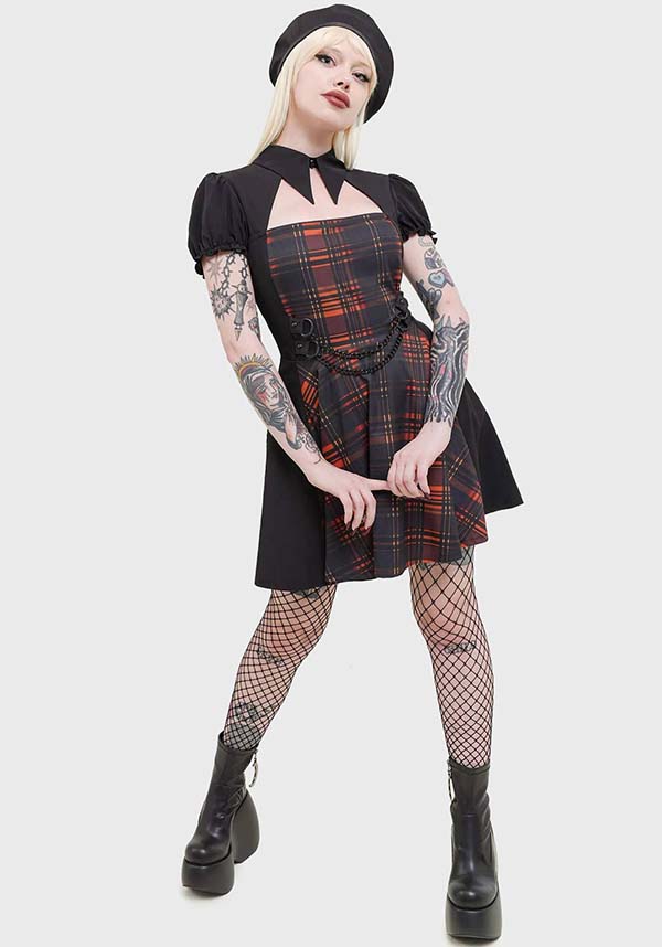 Amberic Women's Orange Tartan Print Mini Dress with Chain Details