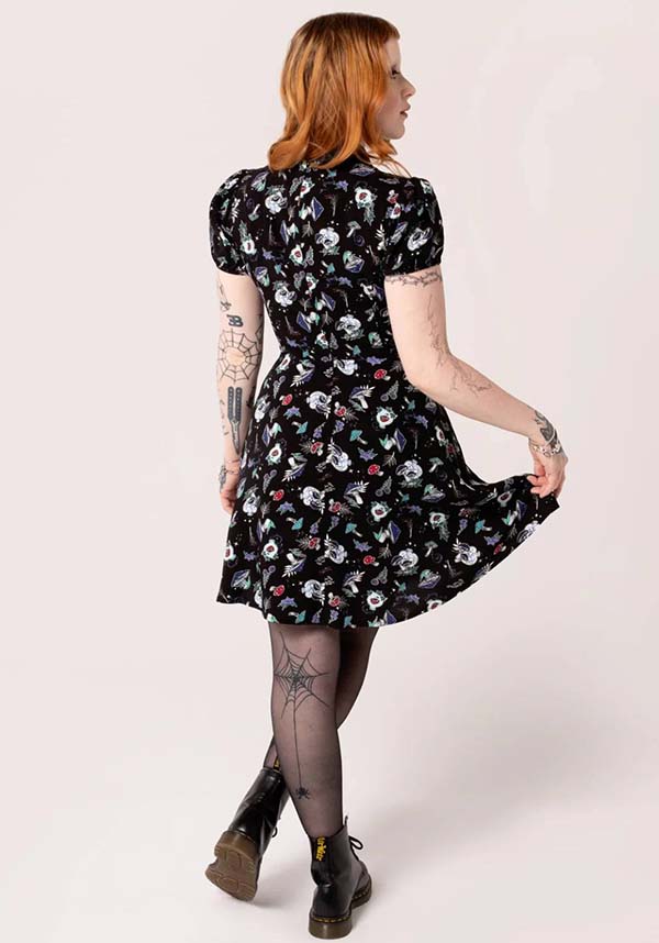 Hell Bunny Amanita Gothic-Style Printed Viscose Mini Dress for Women