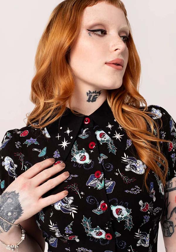 Hell Bunny Amanita Gothic-Style Printed Viscose Mini Dress for Women