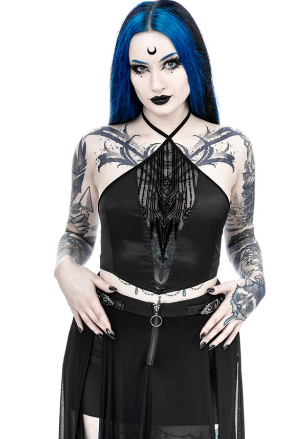 Gothic-Inspired Afterlife Halterneck Crop Top for Goth Lovers