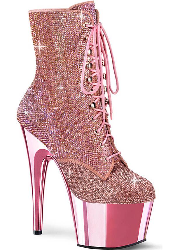 Adore 1020CHRS Platform Heel Lace - Up Front Ankle Boots in Baby Pink Rhinestone Style [Pre - Order]