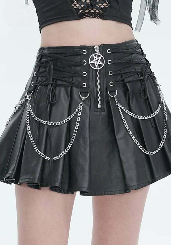 Gothic Style Faux Leather Chain-Embellished Pleated Skirt