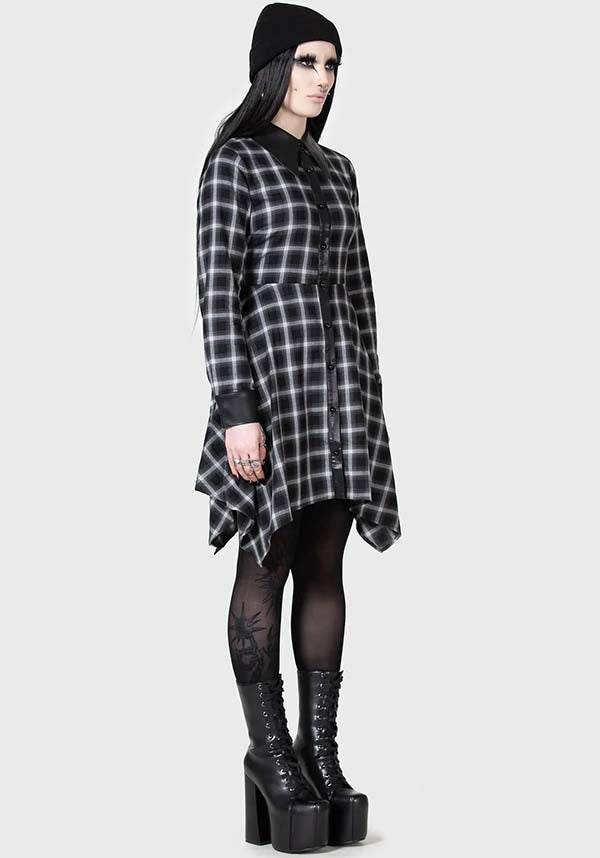 Artem Soft Cotton PU - Collar Black & Grey Tartan Mini Shirt Dress