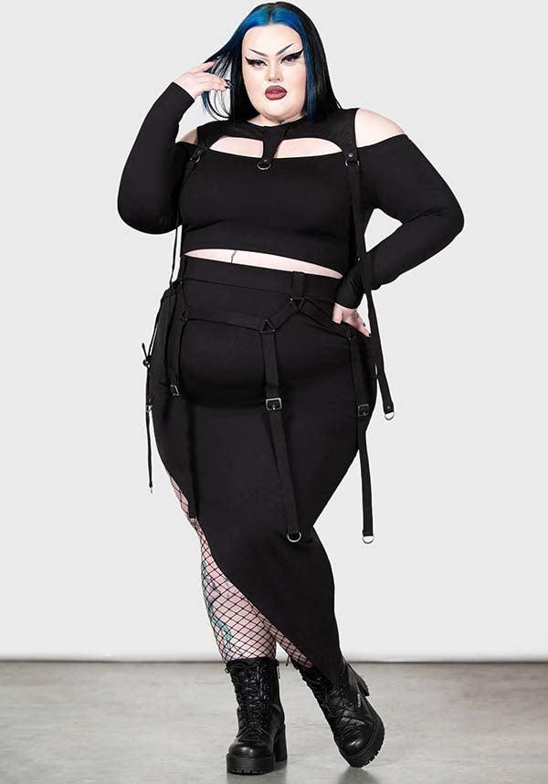Acacia's Poison Women's Asymmetric MIDI Skirt with Statement Straps and Gun - Metal Hardware