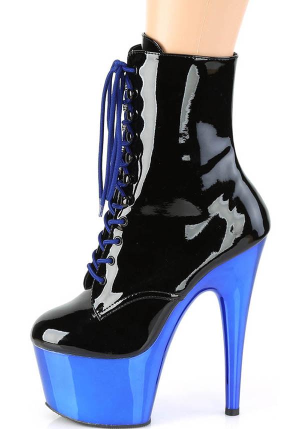 ADORE-1020 Platform Heel Pre - order: Black Patent Leather and Royal Blue Chrome Lace - Up Front Ankle Boots