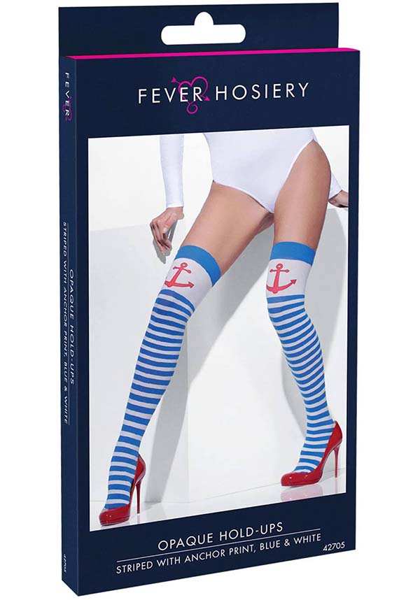 Blue & White Striped Anchor Print Opaque Hold-Ups by HOLD UPS