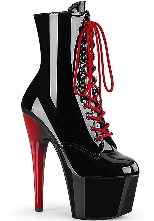 PREORDER: ADORE-1020 Platform Boots in Black Patent with Black-Red Design