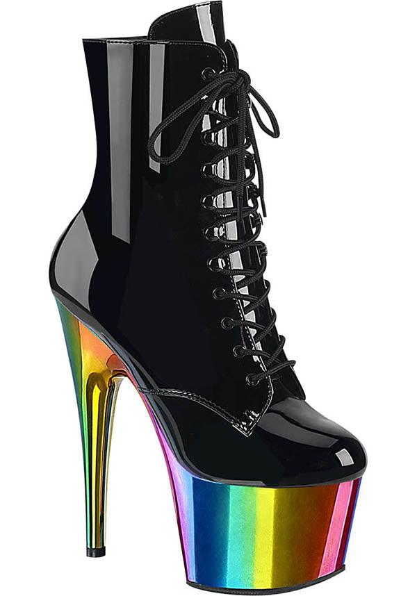 ADORE-1020RC Black Patent and Rainbow Chrome Platform Heel Lace - Up Front Ankle Boots [PRE - ORDER]