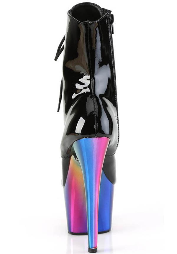 ADORE-1020RC Black Patent and Rainbow Chrome Platform Heel Lace - Up Front Ankle Boots [PRE - ORDER]
