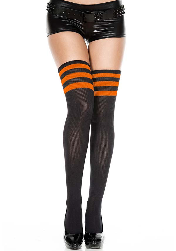 Athletic Style Black and Orange Striped Thigh High Socks by Music Legs