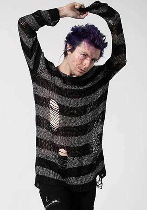 Abyss Glitter Knit Stripe Long Line Distressed Detailing Relaxed Fit Unisex Knit Sweater